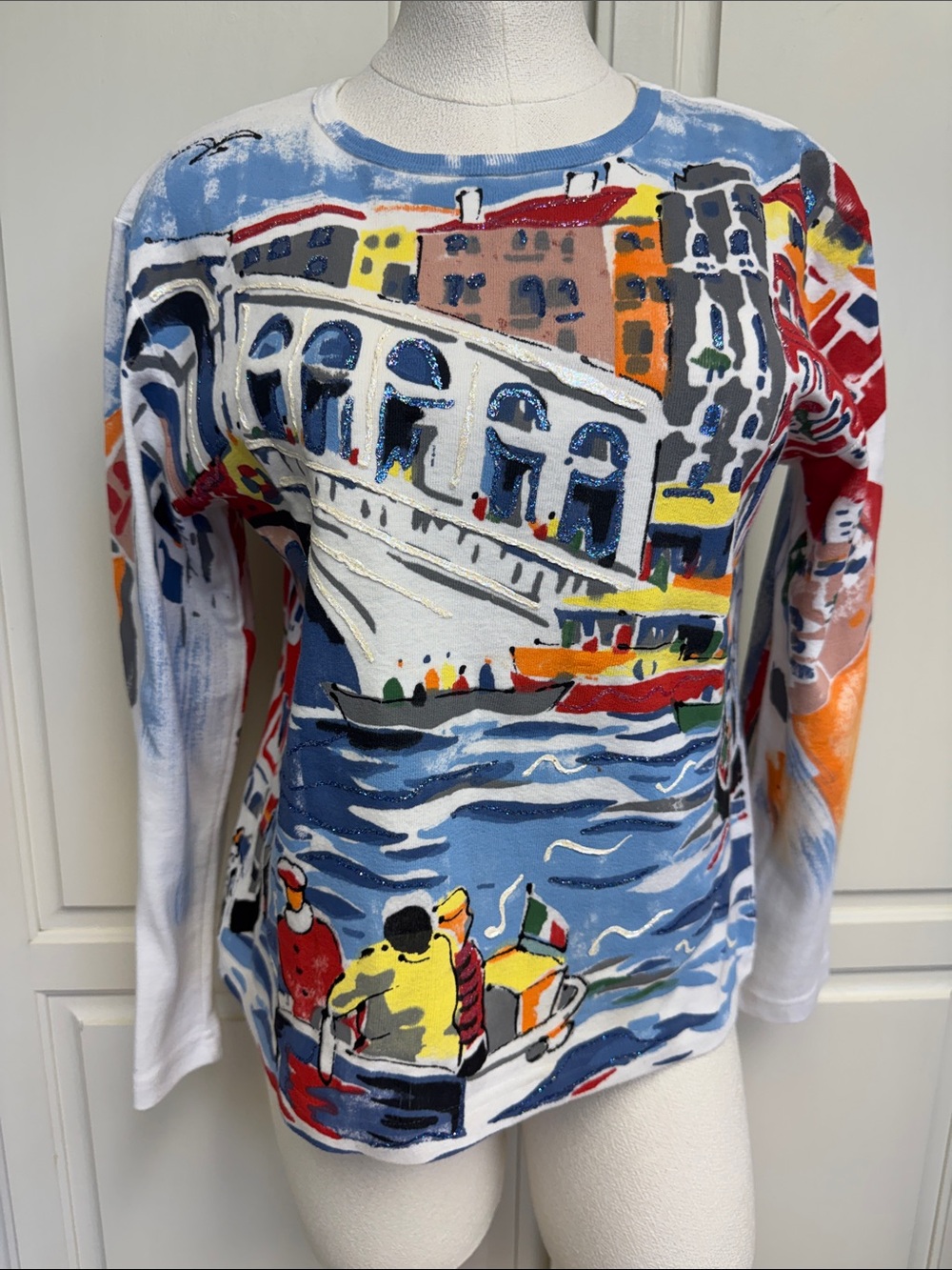 Michael Leu graphic Venice canal cotton sweater w/glitter front sz small